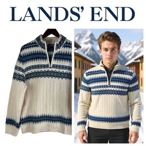 Lands End Sweater Pullover Sz Medium 38 40 Wool Fair Isle Nordic White Blue Ski